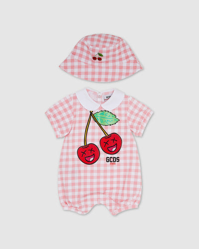 Cherry Vichy motif Two-piece Baby Gift Set: Unisex  Playsuits and Gift Set Pink | GCDS