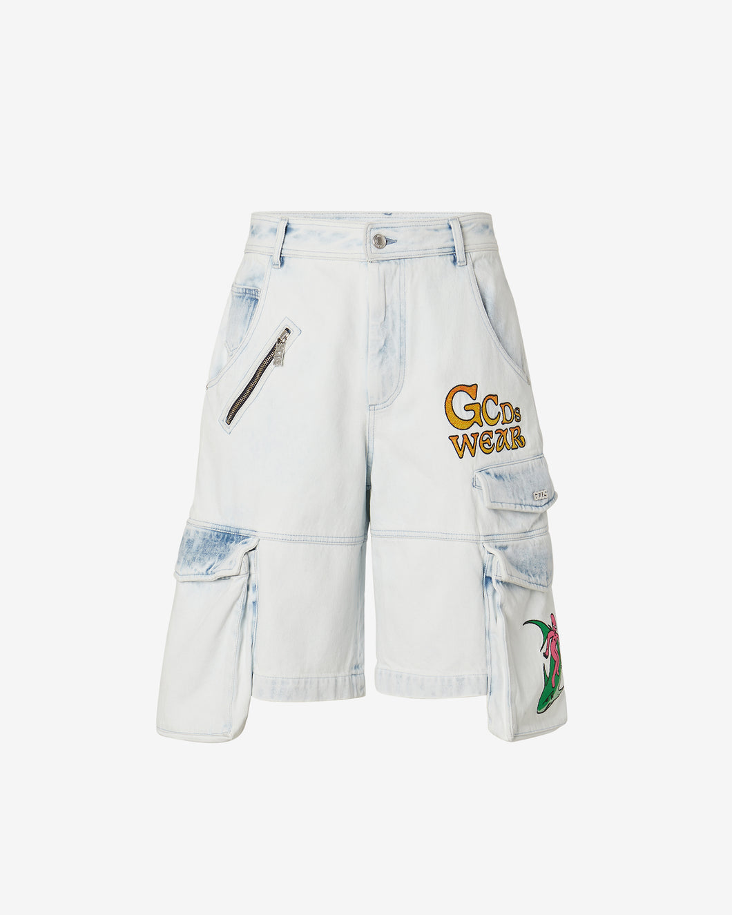 Bleached Embroidered Ultracargo Bermuda : Men Trousers White | GCDS Spring/Summer 2023